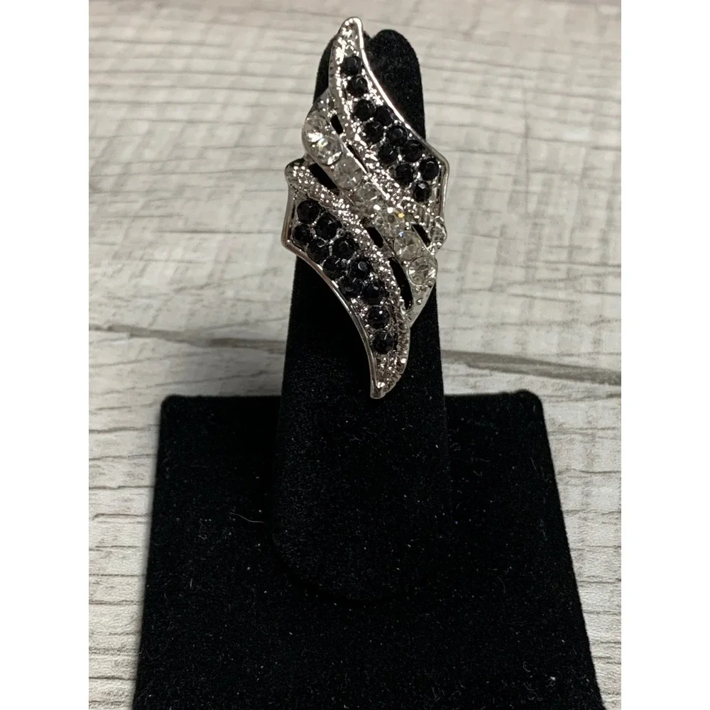 Silver Tone Black and Clear Rhinestone Shield Cocktail Ring Size 5.25